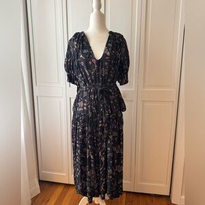 Ulla Johnson Flowy Midi Dress with Blush Floral Print, Optional tie at waist.